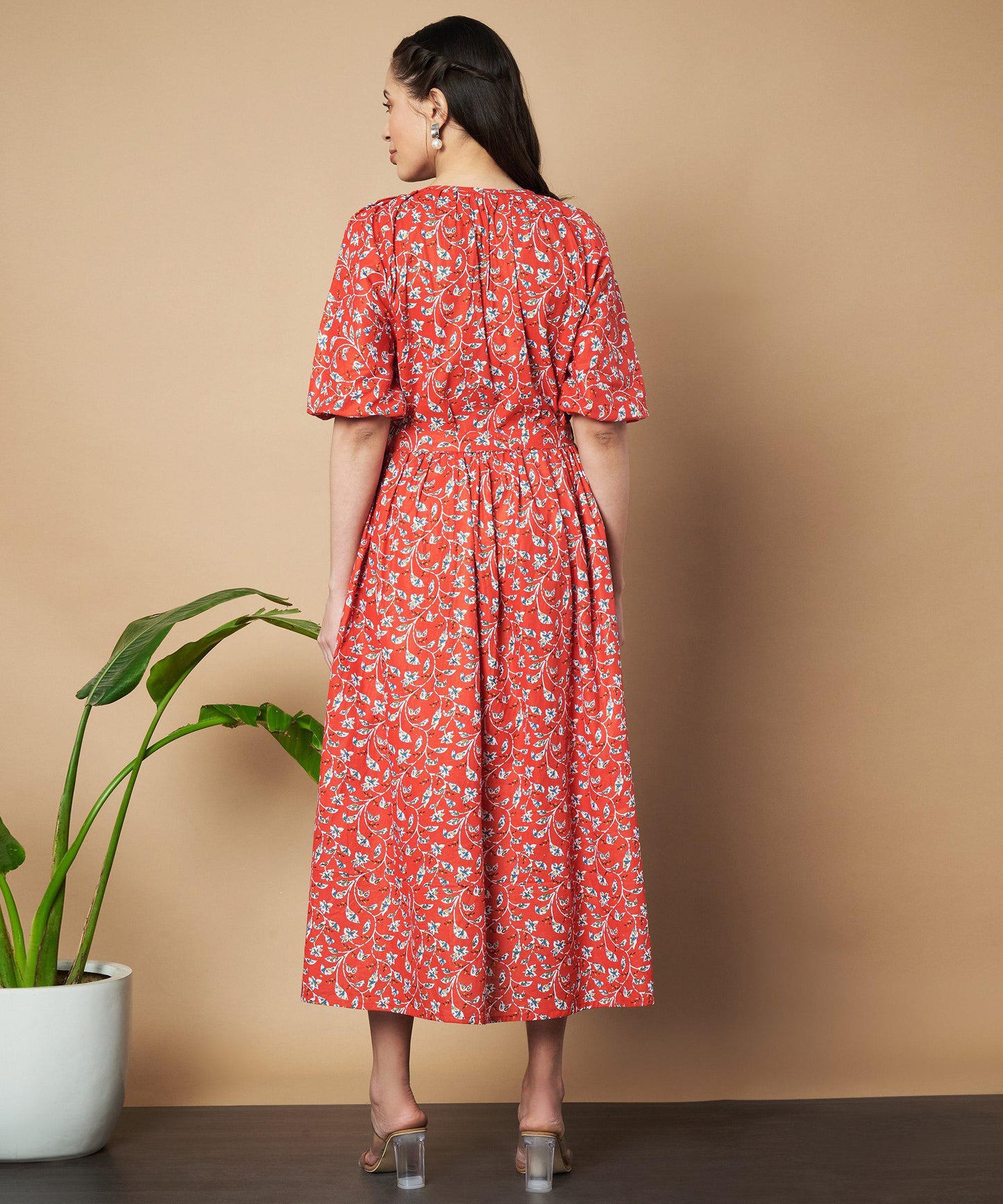 Red Floral Print Bell Sleeve Fit and Flare Cotton Dress with attached belt