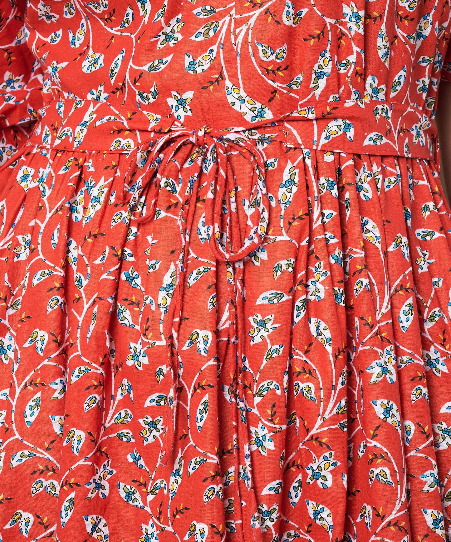 Red Floral Print Bell Sleeve Fit and Flare Cotton Dress with attached belt