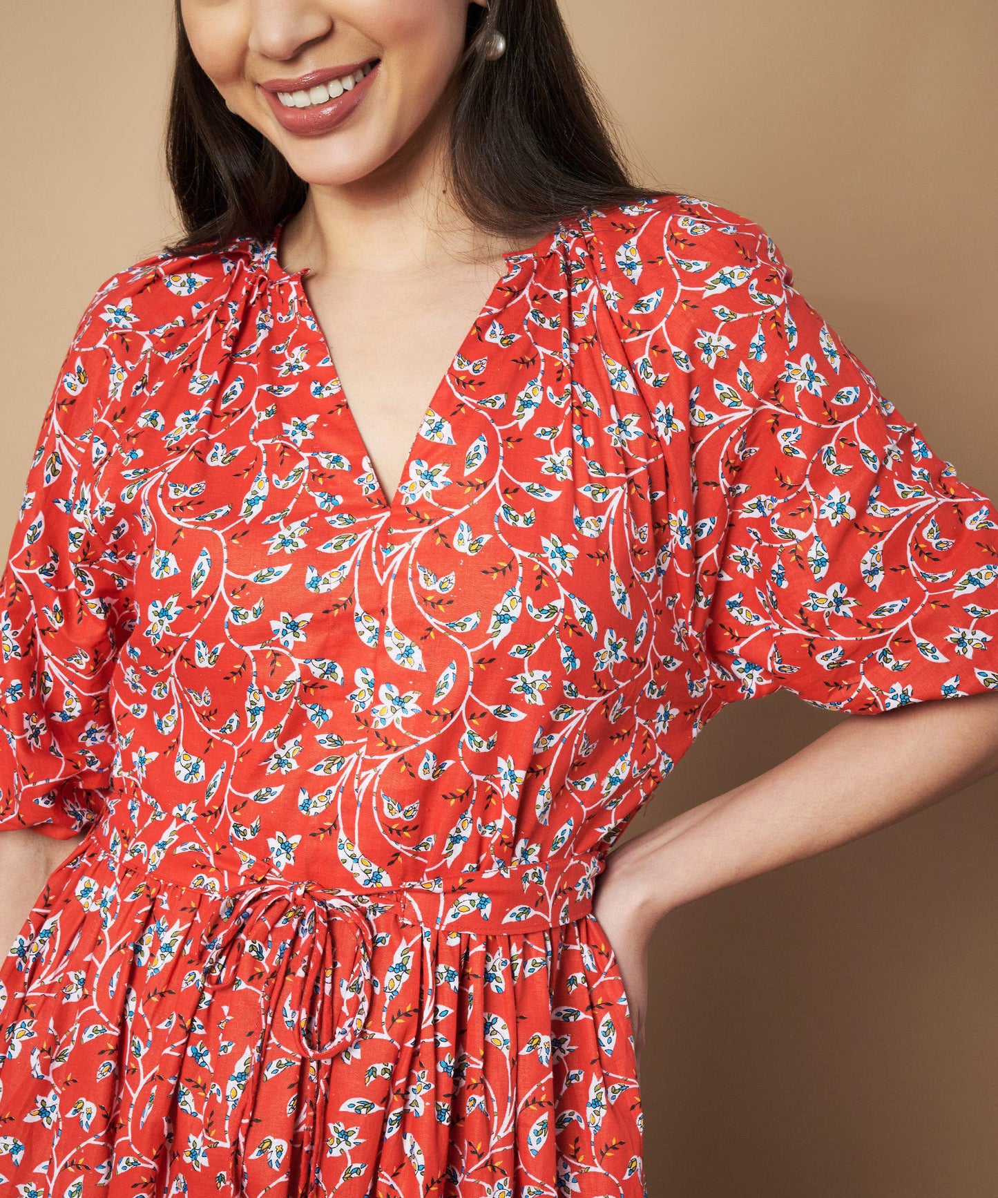 Red Floral Print Bell Sleeve Fit and Flare Cotton Dress with attached belt