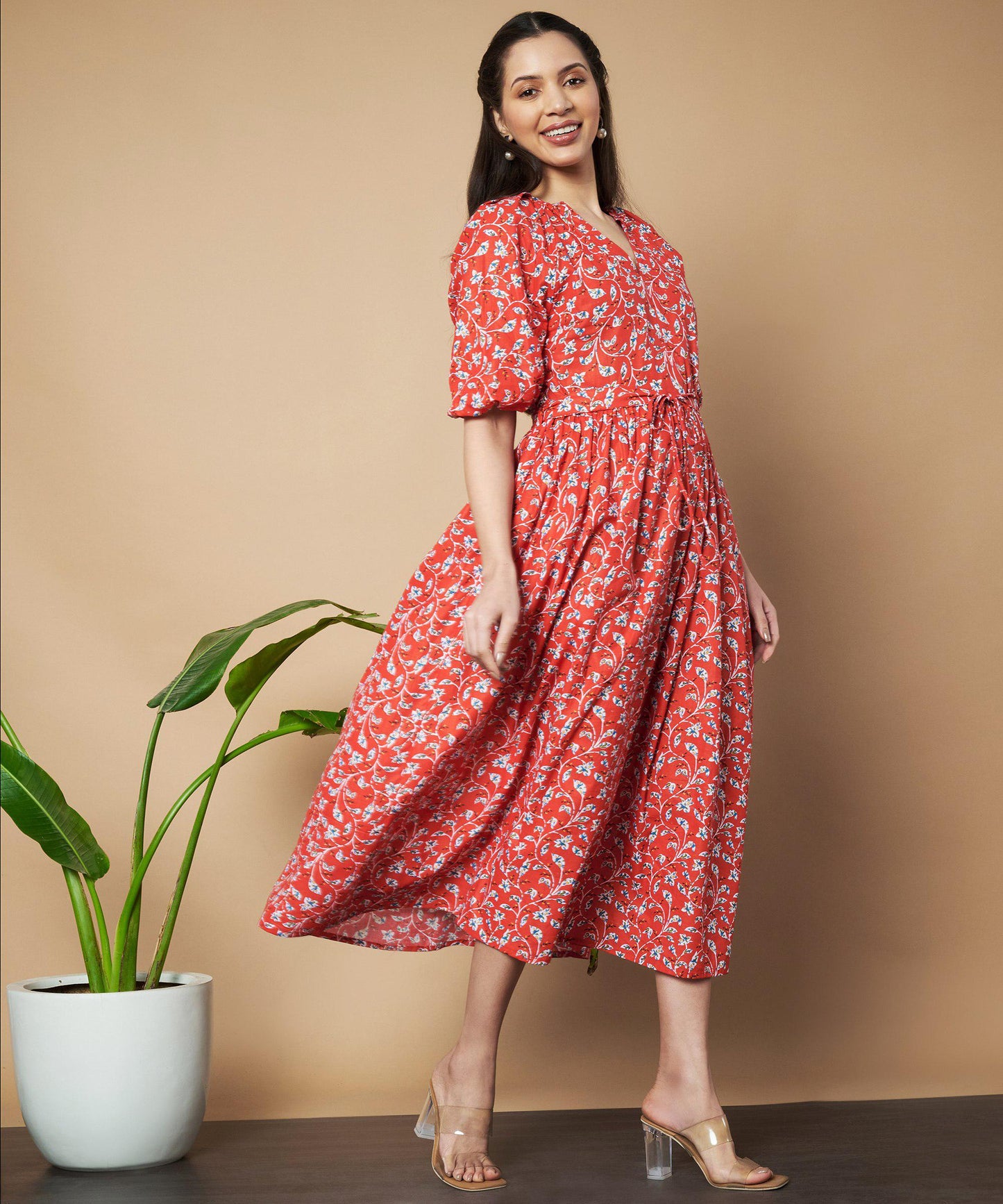 Red Floral Print Bell Sleeve Fit and Flare Cotton Dress with attached belt