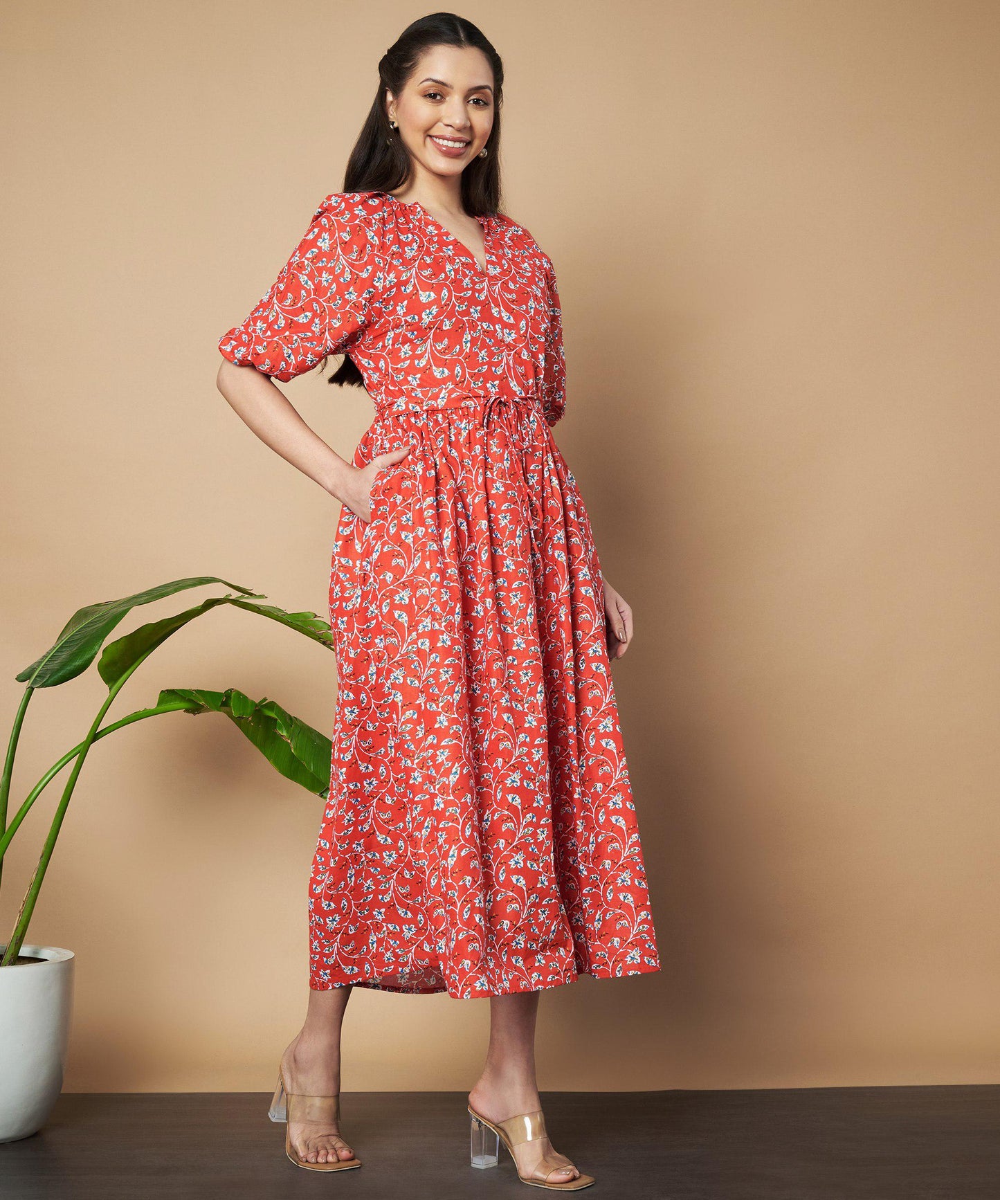 Red Floral Print Bell Sleeve Fit and Flare Cotton Dress with attached belt