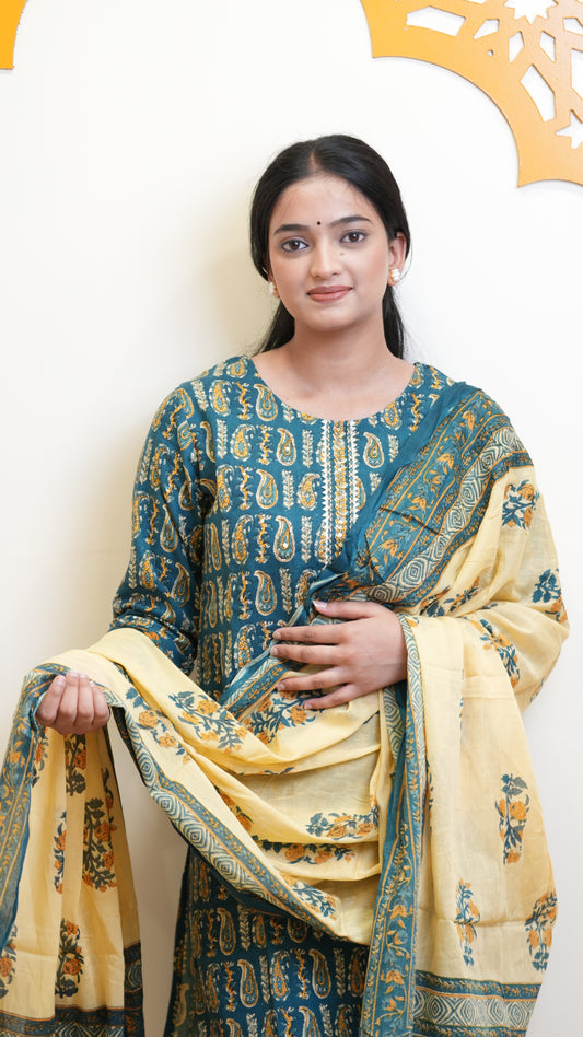 Teal Blue Cotton Block Printed Suit Set with Dupatta