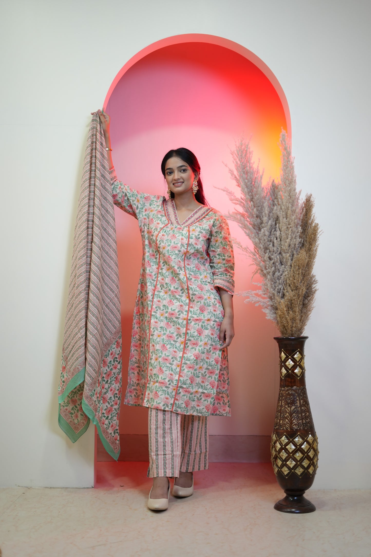 Printed V Neck Kurta with Pant set